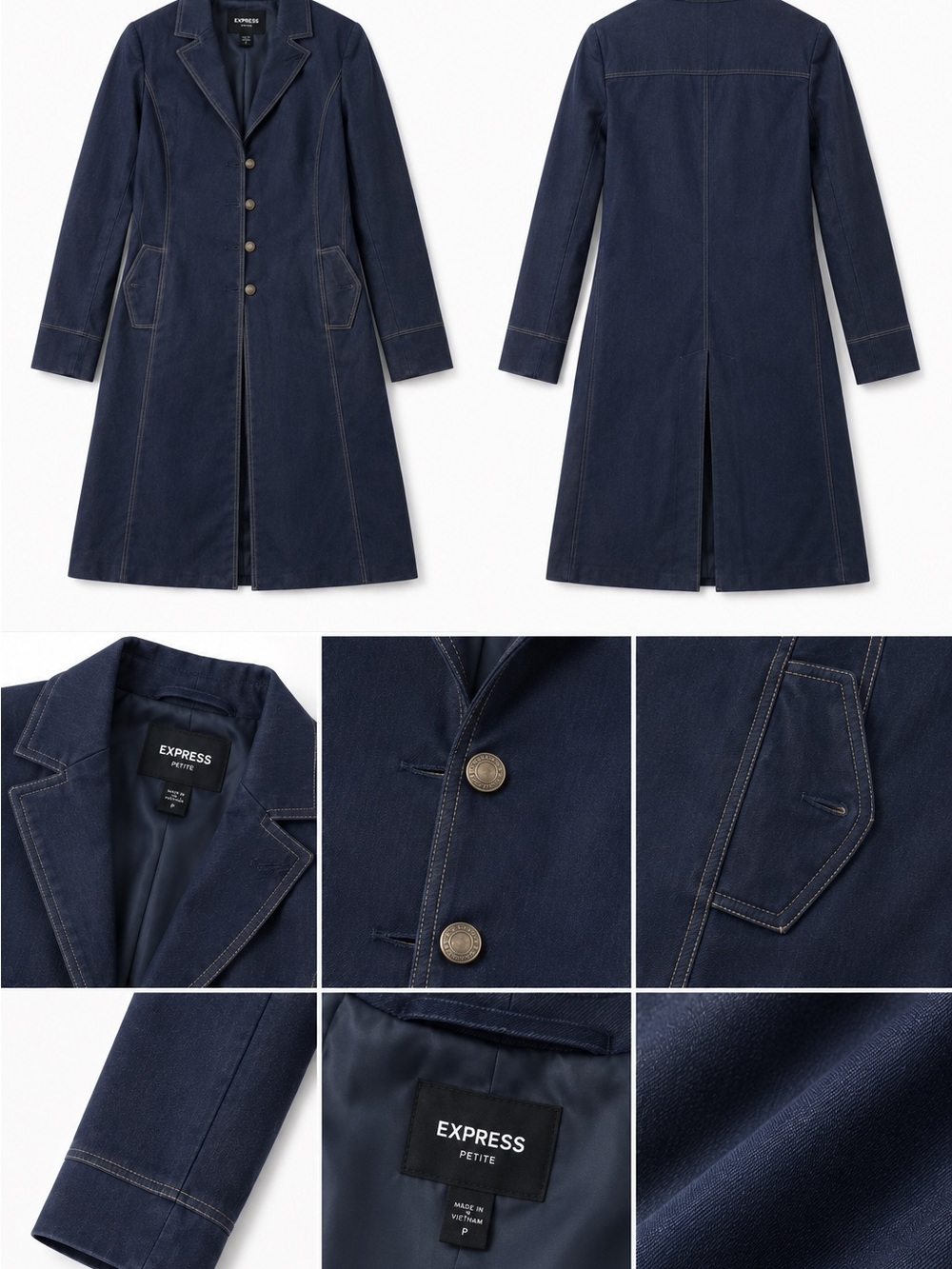NWOT Express Dark Navy Long Coat with Contrast Topstitch Size 3/4